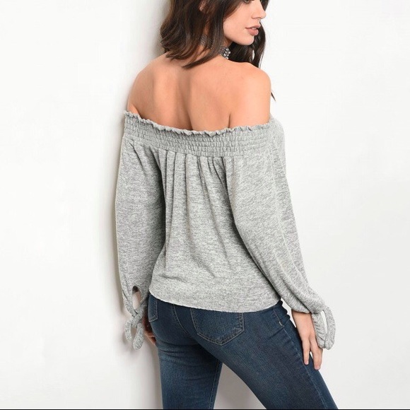 Grey Off-Shoulder Long Sleeve Top - Picture 2 of 3